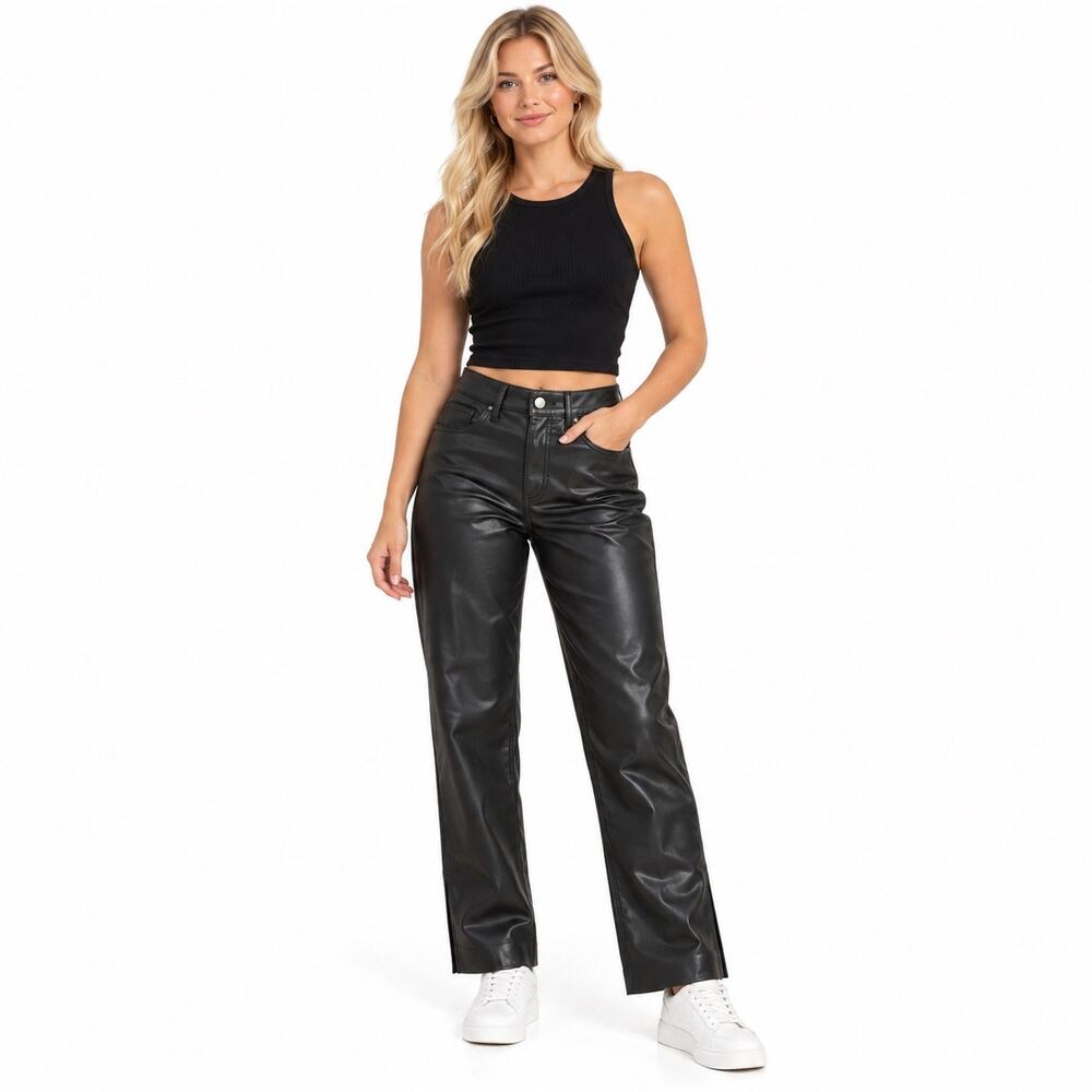Express Black Faux Leather High Waisted straight leg bootcut pants. Women 4